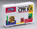 2-person CPR kit-Kit contains 2 Rescue Breather™ CPR one-way valve faceshields, 4 exam quality gloves, 2 personal antimicrobial wipes and 1 biohazard bag.  Plastic case.