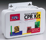 CPR 4-person CPR kit-Kit contains 4 Rescue Breather™ CPR one-way valve faceshields, 8 exam quality gloves, 4 personal antimicrobial wipes and 2 biohazard bags.  Metal case.  Also available in a plastic case, 208-CPR.