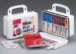 This 61-piece, 10-unit first aid kit is designed for use in small offices, vehicles and work sites. A list of contents can be permanently affixed inside the lid for easy restocking. The case features a gasket and an easy-to-carry handle, yet is wall mountable for quick access in an emergency. Contents fit snugly to prevent shifting, and single-use packaging ensures that products do not become contaminated. 