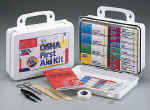 This 113-piece, 16-unit first aid kit is designed for use in small offices, vehicles and work sites. A list of contents can be permanently affixed inside the lid for easy restocking. The case features a gasket and an easy-to-carry handle, yet is wall mountable for quick access in an emergency. Contents fit snugly to prevent shifting and single-use packaging ensures that products do not become contaminated. 