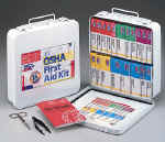 This 195-piece, 24-unit first aid kit is designed for use in small to medium offices and vehicles. A list of contents can be permanently affixed inside the lid for easy restocking. The sturdy metal case features a gasket and an easy-to-carry handle, yet is wall mountable for quick access in an emergency. Contents fit snugly to prevent shifting and single-use packaging ensures that products do not become contaminated. 