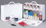 2-shelf light industrial first aid station- This 2-shelf, 414-piece industrial first aid station is designed as an auxiliary kit for smaller businesses, offices and work sites and serves up to 75 people. The metal cabinet holds over 400 items and offers easy refilling with a full-color, easy-to-use reordering schematic. Refills are color-coded for easy identification in an emergency. The swing-down door and easy-to-carry handle make this first aid station extra convenient.