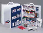 3-shelf medium industrial first aid station- This 3-shelf, 941-piece industrial first aid station, is designed for medium sized businesses, offices and work sites and can act as a satellite first aid cabinet for buildings, wings or departments. Serves up to 100 people. The metal cabinet holds a wide variety of items, offering simple refilling and compliance assurance with the help of a full-color, easy-to-use reordering schematic. The swing-out door and easy-to-carry handle make this first aid station extra convenient.  Also available with 12 pocket liner.