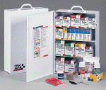 4-shelf station- Designed to contain the maximum number of essential first aid products, American EHS's most popular cabinet meets or exceeds OSHA recommendations.  This 4-shelf, 1058-piece industrial first aid station serves up to150 people and handles most any first aid emergency or personal discomfort. Refilling and compliance assurance is easy with the help of a full-color, easy-to-use reordering schematic.   The swing-out door and easy-to-carry handle add extra convenience.  Also available with a 20 pocket liner.