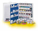 5-shelf Station- Five shelves of the most comprehensive first aid assortment available, ensures total compliance of first aid requirements.  Designed to handle most any first aid emergency, this 1719 piece cabinet is your best value serving 200+ people.  Refilling is easy with the full-color reordering schematic.  Also available with 22 pocket liner for added storage capacity.  Wall mountable and swing out door.