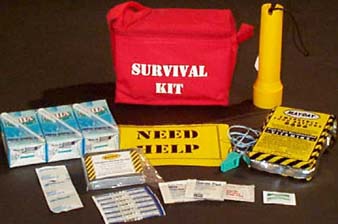 The Commuter Kit- Food, Water, Solar Blanket, Flashlight, Wet Naps, Whistle, Auto Emergency Instructions, First Aid Instructions, and an 31 piece first aid supply ~ All in a waterproof, padded nylon zip bag with room to add your own items!