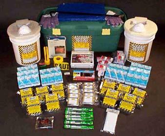 The Office or Classroom Kit- Food Bars, Water, Solar Blankets, Tube Tent, Work Gloves, Water Purification Tablets, Sanitary Waste Bags, Toilet Chemical, Waterproof Matches, AM/FM Radio with Light & Generator, 12-Hour Lightsticks, Dust Masks, Tissue Packs 131-Piece First Aid Kit, Flashlight with 20-Year Batteries, Caution Tape, Pry Bar.