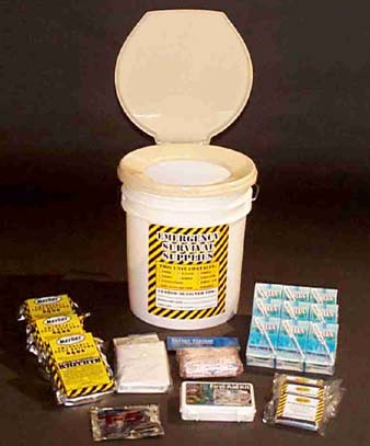 The Port a Potty Kit- All Port a Potty Kits include: 1 12-Pack of Liners, 6 Wet Naps, 1 T5 Chemical Disinfectant, 1 Pair of Leather Palm Gloves, 1 51-Piece First Aid Kit, 1 Radio Flashlight Siren, 1 Gas & Water Shut Off Tool, 1 12-Hour Light Stick, 1 Duct Tape, 1 Utility Knife, 1 15-Inch Pry Bar, 1 5-N-1 Whistle, 50 Water Purification Tablets, 1 Red Cross Emergency Inst., 50 Waterproof Matches.