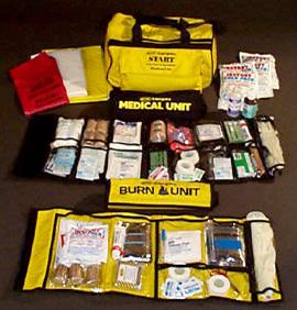 41-Piece Burn Unit- 1 Sleeve, 2 Water Gel 2 x 6 Dressings, 2 Water Gel 4 x 4 Dressings, 1 First Aid Guide, 6 - 3 x 3 Gauze Bandages, 6 - 4 x 4 Gauze Bandages, 2 - 1" x 10 Yards Tape, 3 - 3" Roll Gauze, 1 Water Pouch, 1 Solar Blanket, 1 Forceps, 1 First Aid Cream, 1 Scissors, 1 Thermometer, 6 Buffered Aspirin (2-Pk.), 2 Ice Packs, 3 Pair Latex Gloves.