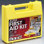 Large 94 piece automobile first aid kit with compartmental dividers for use in the auto and RV. Contents specifically designed for use on the road with motion sickness tablets, accident report form, call police flag, and a variety of first aid items arranged in compartmental organizers.